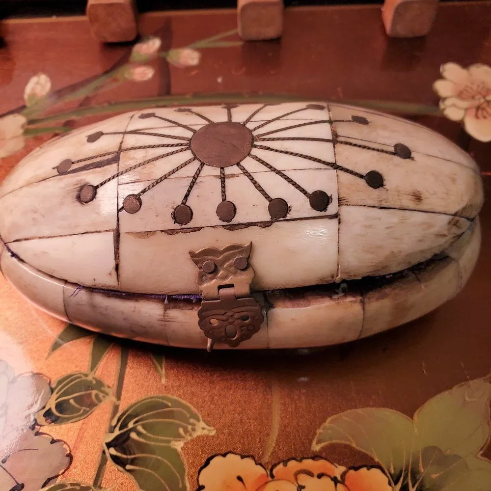 Vintage Camel Bone & Brass Treasure Box - Oval